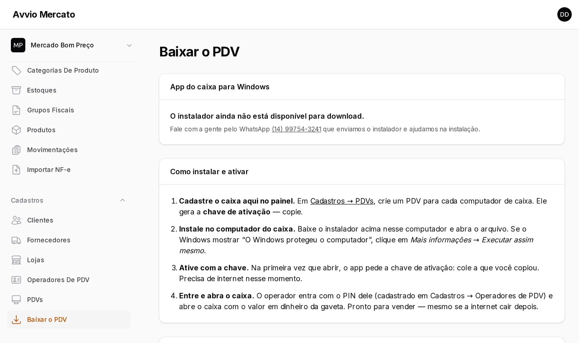 Página Baixar o PDV