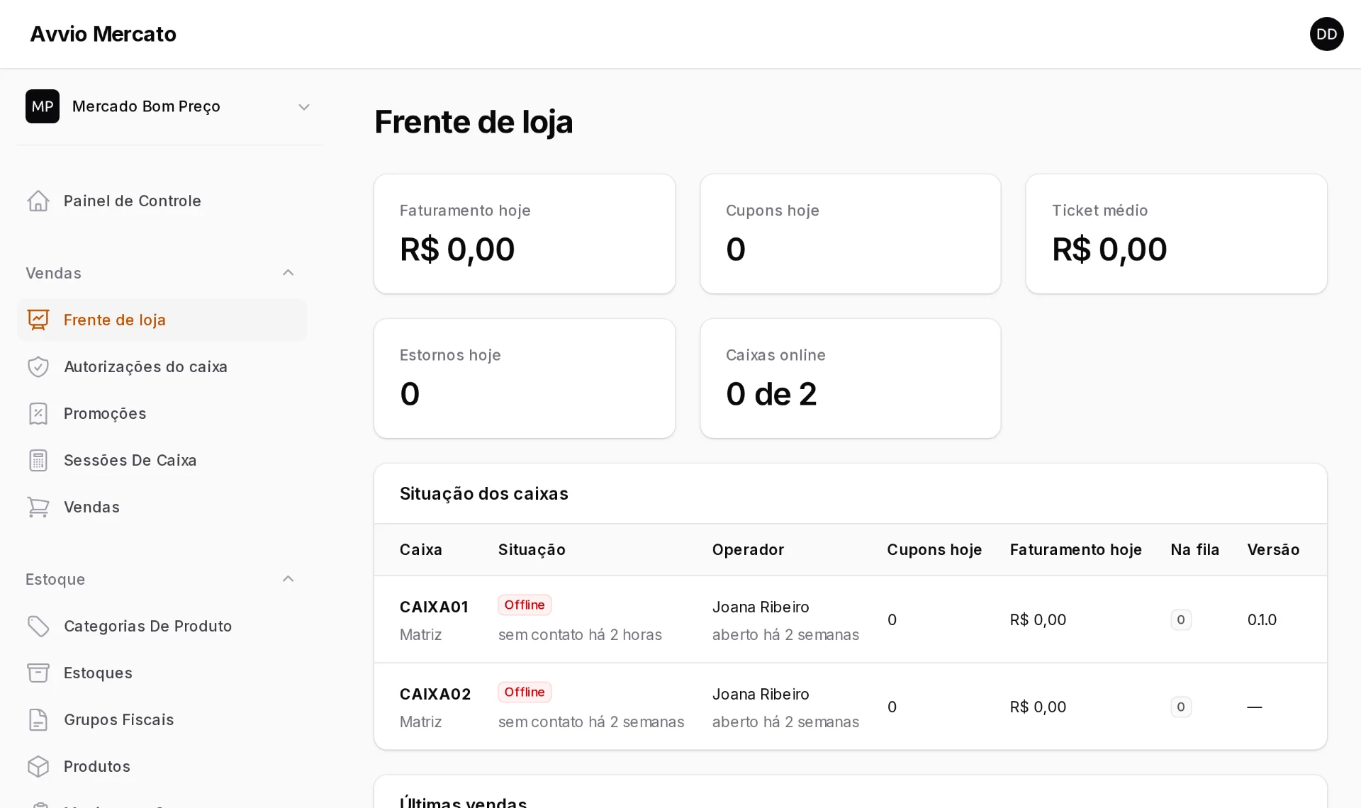 Frente de loja com a situação dos caixas