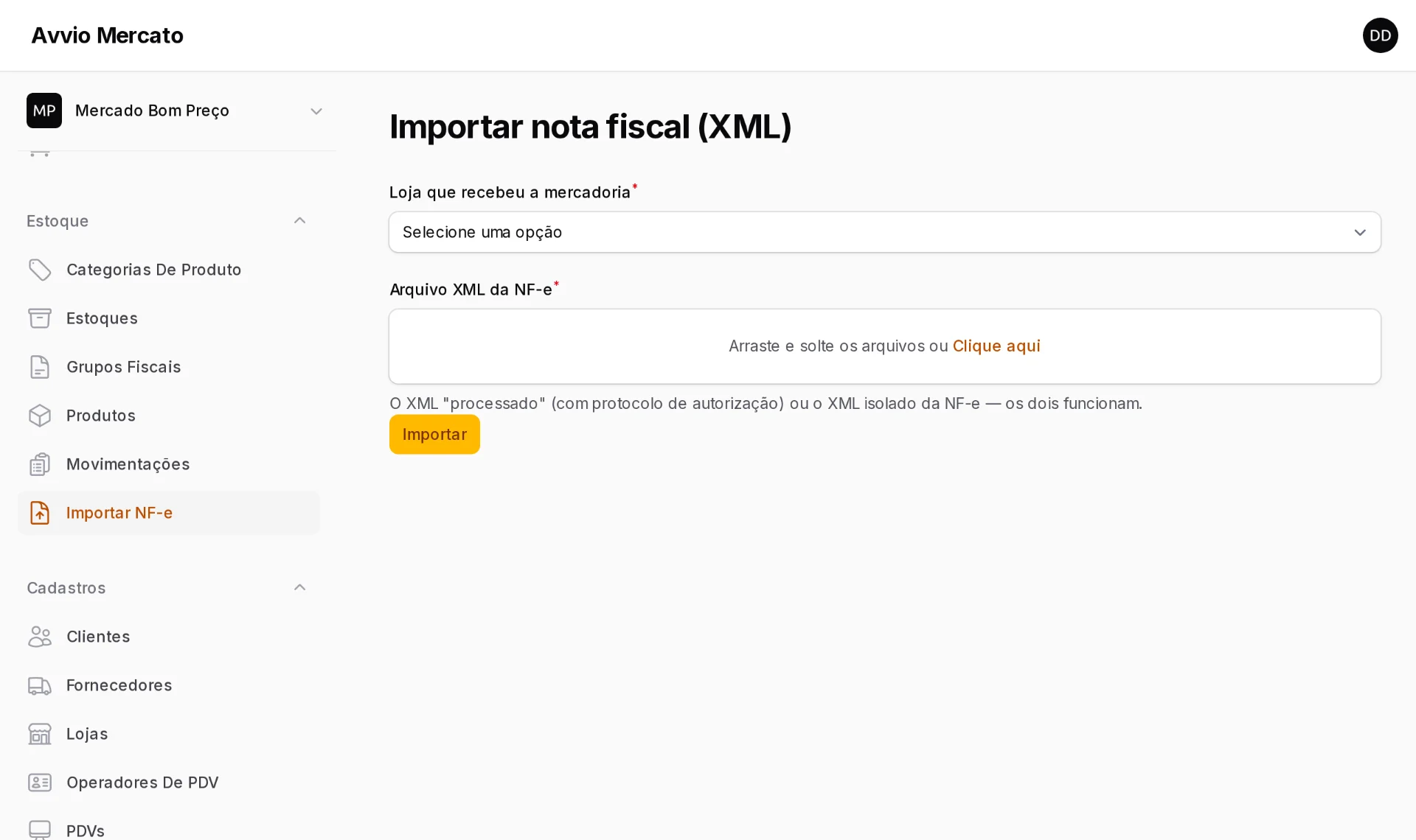 Importação do XML da nota fiscal