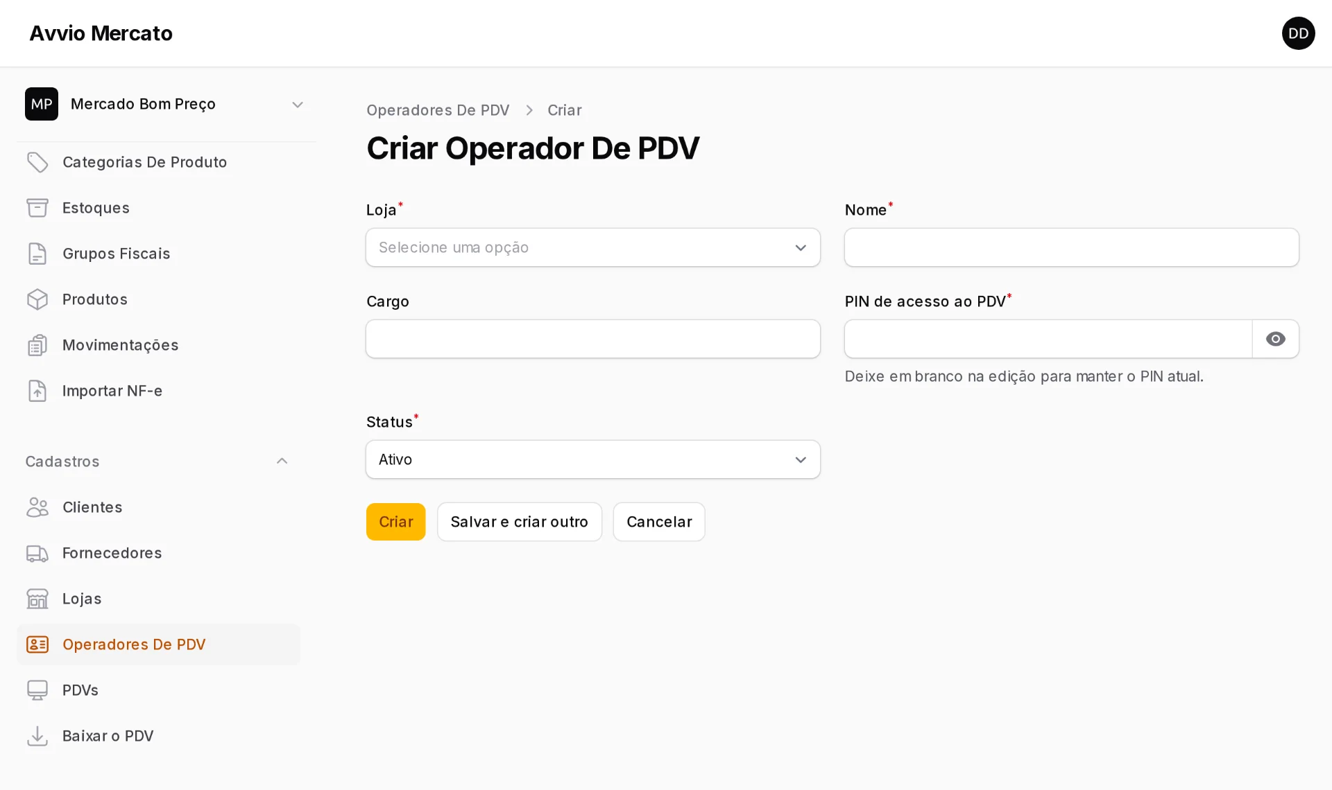 Cadastro de operador de caixa