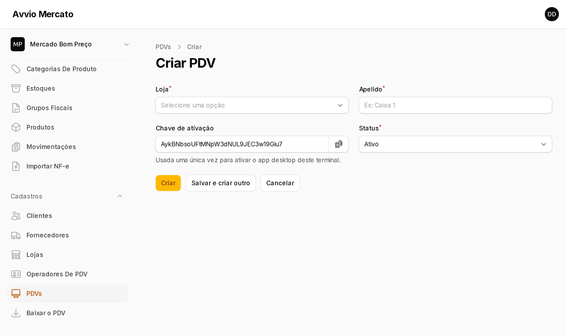 Criação de PDV com a chave de ativação