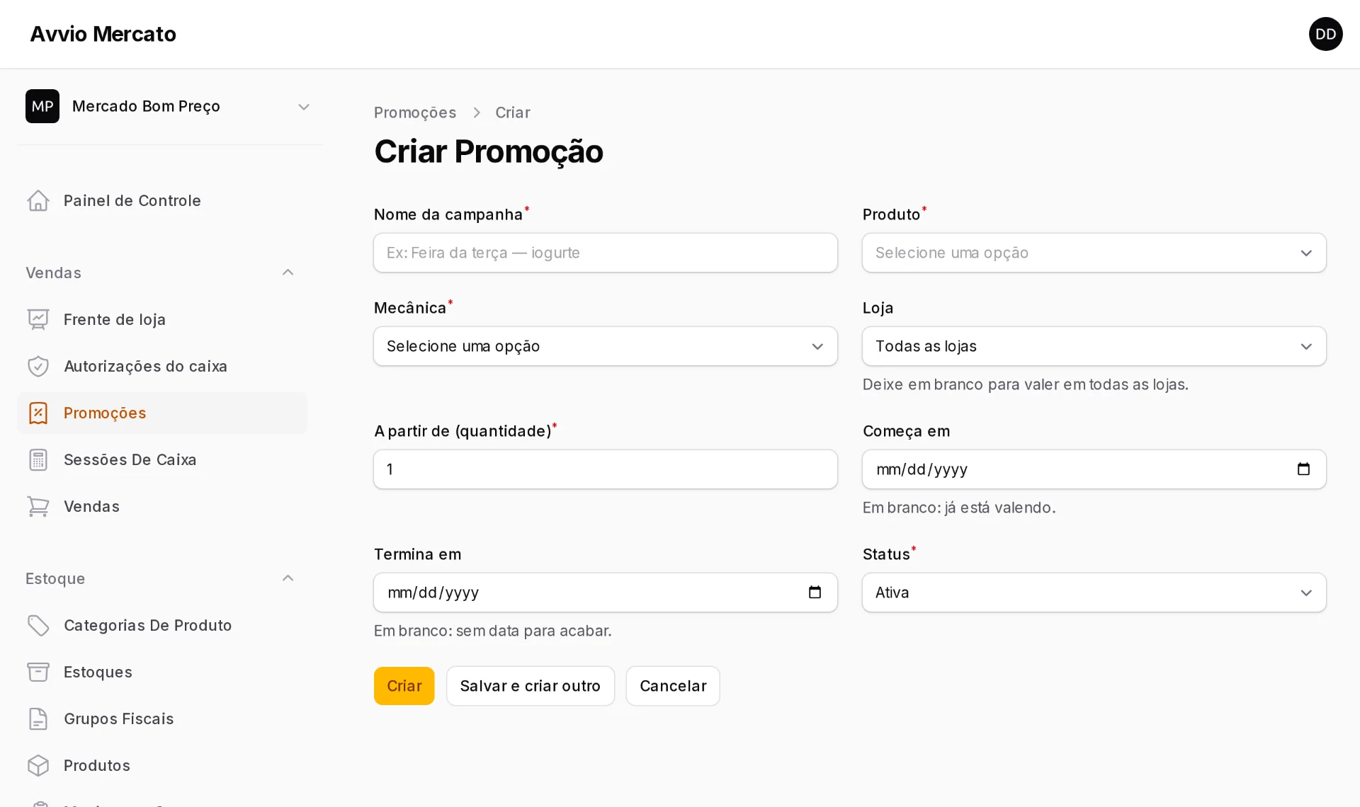 Cadastro de promoção