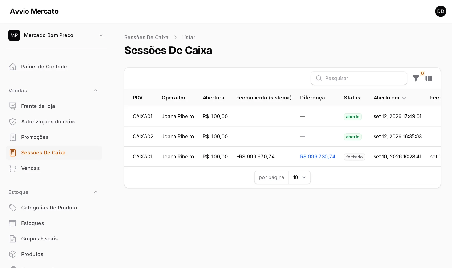Sessões de caixa