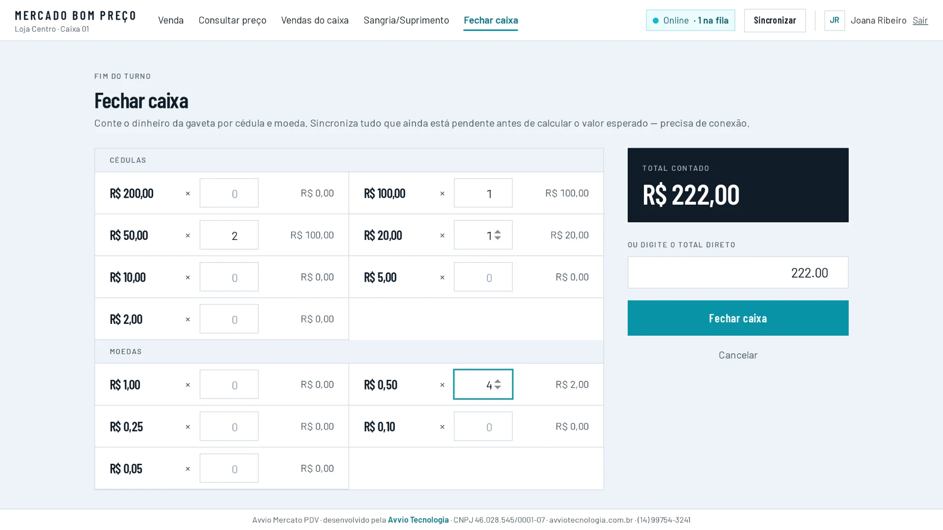 Fechamento com contagem por cédula