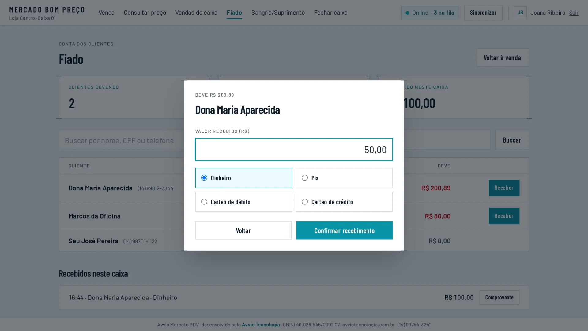Aba Fiado: recebimento de pagamento