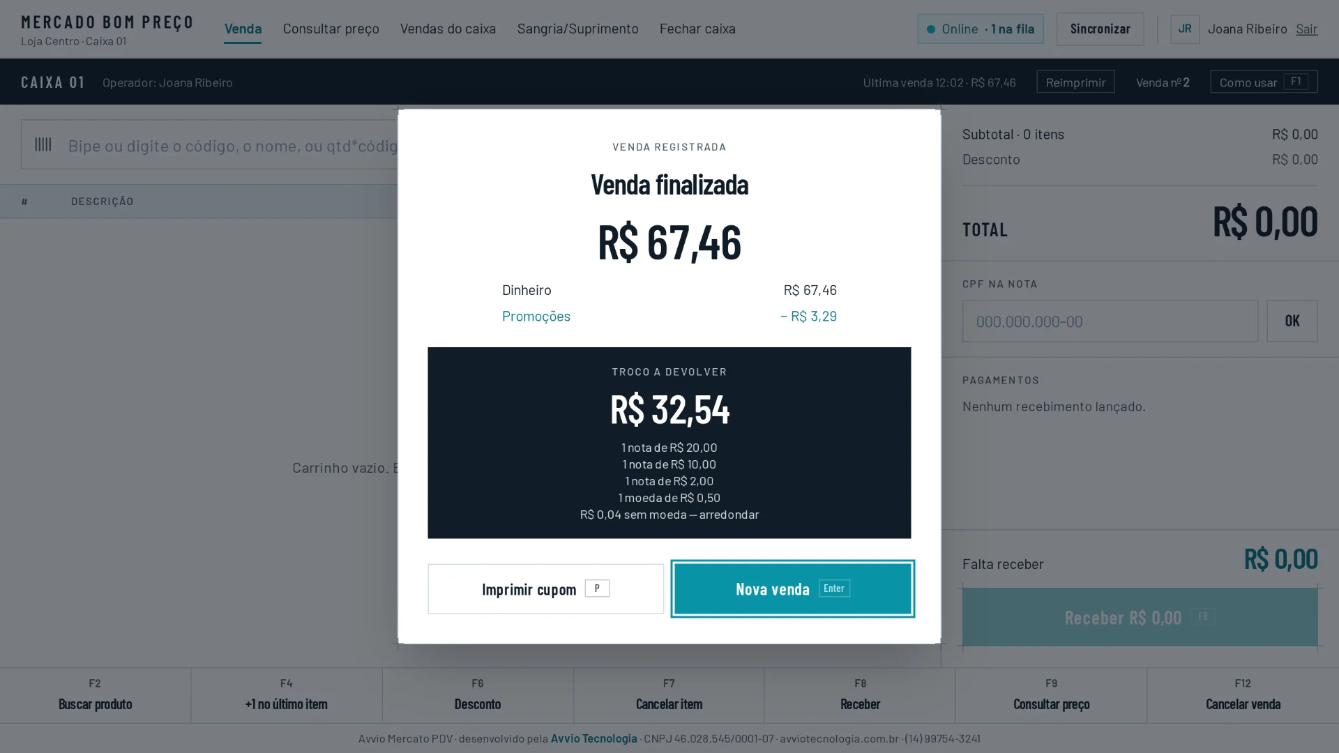 Venda finalizada com o troco