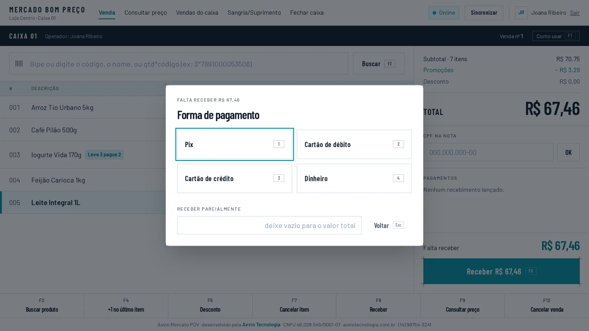 Escolha da forma de pagamento